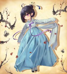 1girl black_hair blue_shirt blue_skirt blush closed_mouth hair_bun hanbok highres korean_clothes looking_to_the_side medium_hair original purple_eyes rcej7787 shirt shoes sidelocks skirt sleeves_past_wrists solo white_shoes