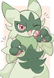 1other :3 animal_ears animal_hands animal_nose body_fur border cat_ears claw_pose claws floragato furry green_fur hands_up happy nintendo notice_lines one_eye_closed open_mouth other_focus outline outside_border pawpads pokemon pokemon_(creature) red_eyes smile solo standing suzu_(pixiv_32232702) tail white_border white_outline wink