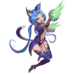1girl animal_ears barefoot blue_hair breasts cat_ears cat_tail clothing_cutout collar fang full_body garter_straps gloves green_eyes headband jewelry lack long_hair looking_at_viewer meracle_chamlotte navel navel_cutout official_art panties small_breasts solo star_ocean star_ocean_anamnesis star_ocean_the_last_hope tail thighhighs toeless_legwear toes transparent_background twintails underwear weapon