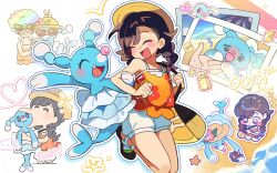 +++ 1brad 1girl :o @_@ ^_^ bag black_hair blue_skin blush brionne chibi chibi_inset closed_eyes colored_skin commentary_request dress floral_print gen_7_pokemon grid_background heart highres holding holding_bag korean_commentary multiple_views nintendo orange_dress photo_(object) pokemon pokemon_sm potion_(pokemon) pyukumuku sea_lion selene_(pokemon) short_dress shorts sleeveless sleeveless_dress snout teeth white_background white_shorts z-crystal
