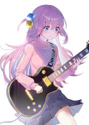 1girl blue_eyes blush bocchi_the_rock! breasts cable choppy_bangs closed_mouth commentary_request concentrating cowboy_shot cube_hair_ornament electric_guitar gotoh_hitori grey_skirt guitar hair_ornament holding holding_guitar holding_instrument instrument jacket long_hair long_sleeves looking_at_object medium_breasts music naga_naga pink_hair pink_jacket playing_guitar playing_instrument pleated_skirt sidelocks simple_background skirt solo straight_hair sweat track_jacket white_background