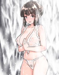 Rule 34 | 1girl, absurdres, alternate costume, black hair, braid, braided bun, breasts, commission, curvy, female pubic hair, fundoshi, furaggu (frag 0416), grey eyes, hair bun, hair ornament, hairclip, highres, japanese clothes, jewelry, kantai collection, large breasts, myoukou (kancolle), navel, pixiv commission, pubic hair, ring, see-through clothes, solo, standing, water, waterfall, wedding ring