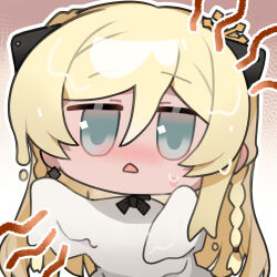 1girl artist_request black_ribbon blonde_hair blue_eyes blush braid chibi chibi_only chinese_commentary full-face_blush girls&#039;_frontline girls&#039;_frontline_neural_cloud hair_ribbon hot long_hair luna_(neural_cloud) official_art ribbon second-party_source solo sweat