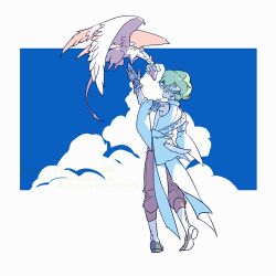 Rule 34 | 1boy, au ra, azdaja (ff14), blue sky, border, brother and sister, clothing cutout, cloud, detached sleeves, dragon, dragon boy, dragon horns, final fantasy, final fantasy xiv, full body, gloves, green hair, green shirt, horns, hug ff14, open mouth, outside border, pants, red pants, sash, shirt, short hair, shoulder sash, siblings, sky, small dragon, standing, tail, tail through clothes, varshahn, white border