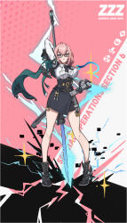 1girl absurdres armor black_gloves black_skirt breasts dress_shirt full_body glasses gloves hair_between_eyes high-waist_skirt high_heels highres holding holding_polearm holding_weapon large_breasts lenph long_hair looking_at_viewer naginata parted_lips pencil_skirt pink_eyes pink_hair polearm shirt shoulder_armor sidelocks skirt solo standing tsukishiro_yanagi weapon white_shirt zenless_zone_zero