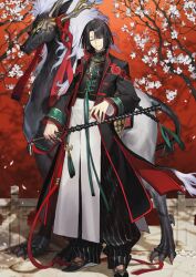 1boy bishounen black_hair blunt_ends braid chinese_clothes closed_eyes closed_mouth clothing_request creature curtained_hair fate/grand_order fate_(series) floating_hair full_body game_cg hand_up head_tilt holding holding_weapon itefu legs_apart long_hair long_sleeves male_focus official_art parted_bangs qilin_(mythology) red_background sibuxiang_(fate) single_braid smile solo standing taigong_wang_(fate) third-party_source variant_set very_long_hair weapon