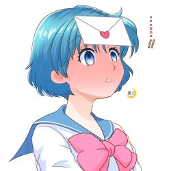 1girl bishoujo_senshi_sailor_moon blue_eyes blue_hair blue_sailor_collar blush bow highres juuban_middle_school_uniform kuroasa24 letter love_letter mizuno_ami red_bow sailor_collar school_uniform serafuku short_hair simple_background solo white_background