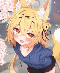 1girl :d animal_ears arms_behind_back bell black_skirt blonde_hair blue_hoodie blurry blurry_background blush cherry_blossoms crossed_bangs drawstring enozuderu falling_petals fang fox_ears fox_girl fox_tail hair_bell hair_between_eyes hair_ornament heart highres hood hoodie jingle_bell leaning_forward open_mouth original outdoors petals pleated_skirt skirt smile solo sparkling_eyes tail webp-to-png_conversion x_hair_ornament yellow_eyes