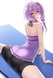 1girl absurdres ass bare_arms bike_shorts bike_shorts_under_skirt blush bracelet cowboy_shot dress hair_ornament highres jewelry kutan looking_back microdress purple_eyes purple_hair short_hair_with_long_locks solo split voiceroid yoga_mat yuzuki_yukari