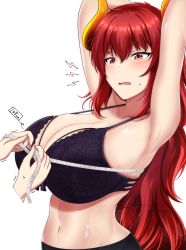 Rule 34 | 1girl, anger vein, armpits, arms behind head, black bra, black shorts, blush, bow, bow bra, bra, breasts, bust measuring, dola (nijisanji), dragon girl, dragon horns, dragon tail, fatetan, frown, hair between eyes, highres, horns, huge breasts, lace, lace-trimmed bra, lace trim, long hair, measurements, measuring, navel, nijisanji, open mouth, parted lips, red eyes, red hair, shorts, simple background, skindentation, solo focus, strap gap, tail, tape measure, trembling, underwear, very long hair, virtual youtuber, white background