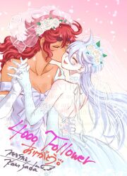 2girls ahoge bare_shoulders blush bridal_veil closed_eyes collar commentary_request dress elbow_gloves flower gloves gundam gundam_suisei_no_majo hair_flower hair_ornament hand_on_another&#039;s_waist highres holding_hands interlocked_fingers jewelry kanesada_keishi kiss kissing_cheek long_hair miorine_rembran multiple_girls off-shoulder_dress off_shoulder open_mouth purple_dress red_hair ring smile suletta_mercury thick_eyebrows translation_request veil wedding_ring white_dress white_flower white_hair wife_and_wife yuri