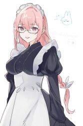 2girls absurdres akabekosu alternate_costume artist_name cowboy_shot glasses highres hoshimi_miyabi long_hair looking_at_another maid multiple_girls open_mouth pink_eyes pink_hair simple_background smile solo_focus translation_request tsukishiro_yanagi white_background zenless_zone_zero