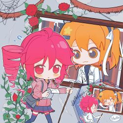 2girls :3 ? a.i._voice adachi_rei ahoge alternate_costume bag black_shirt black_skirt black_thighhighs blush chibi chibi_only closed_mouth drill_hair flat_chest flower gloves hair_ribbon headband headlamp highres indoors jacket kasane_teto kimmy6710223 long_sleeves multiple_girls open_clothes open_jacket open_mouth orange_eyes orange_hair pink_jacket plant pleated_skirt portrait_(object) red_eyes red_flower red_hair ribbon scared screaming shirt shoulder_bag side_ponytail silk skirt skirt_set three-quarter_sleeves speech_bubble spider_web sweatdrop thighhighs triangle_mouth twin_drills utau white_gloves white_jacket white_ribbon