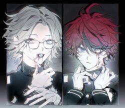 2boys ahoge aotsuki_eito black_streaks blood blood_from_mouth blood_on_face blood_on_neck bloody_tears blue_eyes chinese_commentary crack eyeliner fire gakuran glasses gloves grey_hair hands_on_own_neck hands_up heterochromia highres hole_in_chest hole_on_body last_defense_academy_school_uniform looking_at_viewer makeup male_focus multicolored_hair multiple_boys orb portrait red_eyeliner red_hair school_uniform short_hair streaked_hair sumino_takumi the_hundred_line_-last_defense_academy- white_eyes white_fire wusannixihuanma