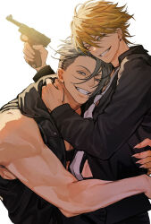 Rule 34 | 2boys, arm around shoulder, arm around waist, bakshi christensen, bare arms, bare shoulders, black jacket, black pants, black shirt, blonde hair, chest belt, collared shirt, couple, earrings, fingernails, giancarlo bourbon del monte, grey eyes, grey hair, grin, gun, hair between eyes, handgun, holding, holding gun, holding weapon, hood, hood down, hooded jacket, hug, jacket, jewelry, long sleeves, looking at viewer, lucky dog 1, male focus, midriff peek, miyamoyan, multiple boys, muscular, muscular male, navel, necktie, open clothes, open jacket, pants, piercing, sharp fingernails, shirt, short hair, simple background, sleeveless, sleeveless jacket, smile, teeth, upper body, weapon, white background, white necktie, yaoi, yellow eyes