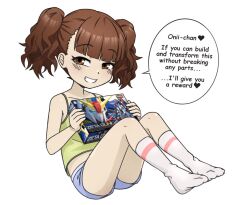 1girl blush box brown_eyes brown_hair delta_r9 english_text full_body grin gundam heart loli looking_at_viewer model_kit original shorts smile socks solo speech_bubble tank_top twintails zeta_gundam