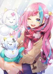Rule 34 | 1girl, ;d, absurdres, alternate costume, blue eyes, blue hair, blue skirt, blush, bow, breath, brown jacket, coat, commentary request, hair bow, hair ornament, highres, holding, jacket, kaguya luna, kitazume kumie, long hair, long sleeves, looking at viewer, mittens, multicolored hair, one eye closed, open mouth, outdoors, pink hair, pinky pop hepburn, plaid clothes, plaid scarf, pleated skirt, red scarf, scarf, sitting, skirt, smile, snowing, snowman, solo, teeth, the moon studio, upper teeth only, very long hair, virtual youtuber, winter clothes, x hair ornament