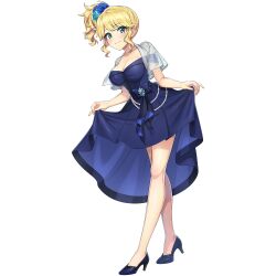 Rule 34 | 1girl, blonde hair, blue dress, blue flower, blue shoes, blush, breasts, cleavage, closed mouth, curtsey, dolphin wave, dress, flower, flower hairtie, game cg, green eyes, hair flower, hair ornament, high heels, highres, izumi kiri, leaning forward, looking at viewer, medium breasts, non-web source, official art, ootomo takuji, shoes, side ponytail, smile, solo, transparent background