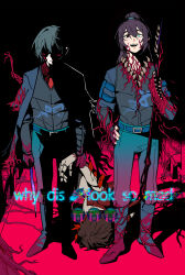 3boys baihuahua5441 belt black_background black_eyes black_hair blood blood_on_face blue_eyes boots brown_hair crying_emoji dimension_shredder_(e.g.o) e.g.o_(project_moon) emoji extra_teeth flesh glaive_(polearm) hair_tie hand_on_own_hip heathcliff_(project_moon) heterochromia high_ponytail highres holding holding_another&#039;s_wrist holding_knife holding_weapon hong_lu_(project_moon) jacket jacket_on_shoulders knife limbus_company long_hair looking_at_viewer lying mechanical_arms meme multicrack_office_(identity)_(project_moon) multiple_boys necktie on_side pants polearm ponytail project_moon purple_hair red_necktie short_hair smile standing teeth upper_teeth_only vest weapon why_dis_ninja_look_so_mad_(meme) yi_sang_(project_moon)