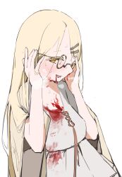16bsketch9 absurdres blonde_hair blood blood_in_mouth blood_on_clothes blood_on_face blush breasts cardigan colored_eyelashes gakuen_idolmaster glasses heavy_breathing highres idolmaster large_breasts long_hair looking_at_viewer nosebleed shinosawa_hiro very_long_hair white_background yandere