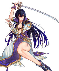1girl absurdres armor ayra_(fire_emblem) bare_legs black_hair breastplate breasts bridal_gauntlets cleavage commentary commission earrings english_commentary fire_emblem fire_emblem:_genealogy_of_the_holy_war highres holding holding_sword holding_weapon jewelry large_breasts long_hair moren_eh necklace nintendo purple_eyes shoulder_armor simple_background solo sword thighhighs weapon white_background