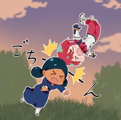 &gt;_&lt; 2girls amate_yuzuriha bindi black_hair bodysuit chibi closed_eyes commentary_request dark-skinned_female dark_skin day double_bun dress grass green_eyes gundam gundam_gquuuuuux hair_bun headbutt highres lalah_sune long_sleeves mecha_pilot_suit multicolored_bodysuit multiple_girls normal_suit_(gundam) open_mouth outdoors red_hair ryokasaka short_hair sky