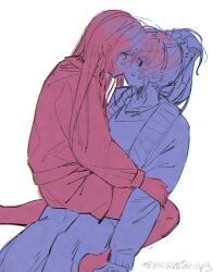 2girls asahina_mafuyu cardigan crying crying_with_eyes_open gradient_skin heads_together highres long_hair melenthropy multiple_girls multiple_monochrome no_mouth ponytail project_sekai straddling tears twitter_username white_background yoisaki_kanade yuri