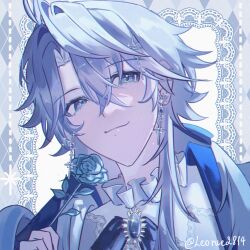 1boy alternate_costume blue_flower blue_rose closed_mouth cross cross_earrings earrings flower grey_hair hair_between_eyes half-closed_eyes highres holding holding_flower honkai:_star_rail honkai_(series) jewelry leonie28 male_focus parted_bangs phainon_(honkai:_star_rail) rose smile solo twitter_username upper_body