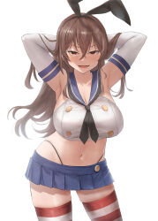 1girl armpits arms_behind_head arms_up ashigara_(kancolle) black_hairband black_neckerchief black_panties blue_sailor_collar blue_skirt breasts brown_eyes brown_hair commentary_request cosplay crop_top curvy elbow_gloves gloves hair_between_eyes hairband highleg highleg_panties horizontal-striped_thighhighs kantai_collection large_breasts long_hair looking_at_viewer microskirt navel neckerchief paid_reward_available panties pleated_skirt sailor_collar shimakaze_(kancolle) shimakaze_(kancolle)_(cosplay) skirt solo standing striped_clothes striped_thighhighs thighhighs thong toka_(marchlizard) underwear very_long_hair white_background white_gloves