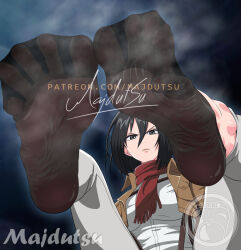 1girl black_eyes black_hair feet foot_focus jacket majdutsu mikasa_ackerman no_shoes paradis_military_uniform scarf shingeki_no_kyojin short_hair smell socks soles solo toes