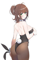 1girl absurdres animal_ears ass back bare_shoulders black_leotard blush breasts brown_hair brown_pantyhose detached_collar dickbomber fake_animal_ears green_eyes hairband highleg highleg_leotard highres large_breasts last_origin leotard looking_at_viewer looking_back pantyhose playboy_bunny rabbit_ears rabbit_tail short_hair side_ponytail simple_background solo strapless strapless_leotard tail thighs tomo_(last_origin) unworn_hairband wrist_cuffs