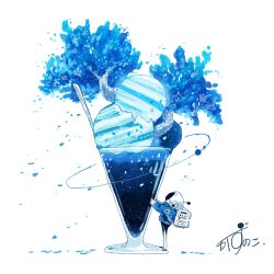 Rule 34 | 1other, absurdres, artist name, backpack, bag, blue flower, blue jacket, blue petals, cherry blossoms, commentary, cup, falling petals, flower, food, glass, gloves, helmet, highres, ice cream, jacket, kazunoko (kazunoko zunoco), looking at food, looking up, mini person, orbited, original, parfait, petals, planet, radio antenna, signature, simple background, solo, space, space helmet, standing, star (sky), tree, white background, white gloves