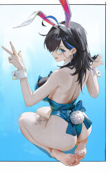1girl absurdres animal_ear_hairband animal_ears ass ayase_yuu back bare_back bare_shoulders barefoot black_hair blue_eyes blue_hair bow bowtie breasts commentary commission cross cross_earrings detached_collar earrings english_commentary fake_animal_ears feet from_behind hairband highres jewelry kiqusha large_breasts leotard long_hair looking_at_viewer looking_back monocle multicolored_hair phase_connect playboy_bunny rabbit_ear_hairband rabbit_ears rabbit_tail sitting smile soles solo strapless strapless_leotard streaked_hair tail tattoo toes v virtual_youtuber white_wrist_cuffs wrist_cuffs