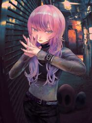 1girl absurdres belt black_nails black_pants black_tube_top blurry blurry_background brown_belt closed_mouth commentary cowboy_shot english_commentary eyelashes grey_sweater highres lips long_hair looking_at_viewer lui_n24 original outdoors own_hands_together pants pink_eyes pink_hair solo strapless sweater tube_top