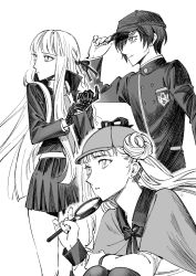 1boy 2girls black_bow black_gloves black_hair black_skirt bow braid braided_ponytail closed_mouth creator_connection crossover crouching danganronpa:_trigger_happy_havoc danganronpa_(series) danganronpa_v3:_killing_harmony deerstalker eyelashes fingernails gloves greyscale hat kirigiri_kyoko long_hair long_sleeves magnifying_glass monochrome multiple_girls neck_ribbon necktie open_mouth pleated_skirt ribbon saihara_shuichi simple_background skirt standing the_hundred_line_-last_defense_academy- tsukumo_kako twintails white_background