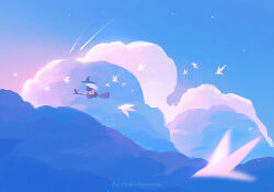 1girl above_clouds artist_name bird blue_sky broom broom_riding cloud flying hat huhv. long_hair original outdoors robe scenery shooting_star sky solo star_(sky) white_bird white_hair wide_shot witch witch_hat