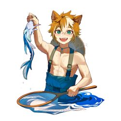 1boy animal animal_ears blue_overalls blush dog_boy dog_ears fish genshin_impact gorou_(genshin_impact) hashtag-only_commentary hat hat_on_back highres holding holding_animal holding_fish holding_net looking_at_viewer male_focus multicolored_hair open_mouth overalls pectorals shokun_2 signature smile straw_hat streaked_hair toned toned_male wading water wet white_background