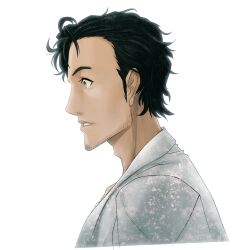 Rule 34 | 1boy, adam&#039;s apple, beard stubble, black hair, blurry, blurry background, brown pants, clenched teeth, coat, collarbone, facial hair, from side, game cg, grey eyes, highres, huke, lab coat, long sleeves, male focus, messy hair, official art, okabe rintarou, pants, parted lips, realization, ringed eyes, shirt, solo, square pupils, steins;gate, stubble, t-shirt, teeth, transparent background, white coat, white shirt, wide-eyed