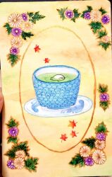 animal_focus cup daisy_(flower) falling_leaves floral_border floral_print flower harp_seal leaf original painting_(medium) seal_(animal) sira5913 solo solo_focus swimming tea teacup traditional_media watercolor_(medium) yunomi