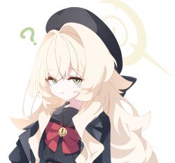 1girl ? absurdres beret black_coat black_hat black_sailor_collar black_serafuku black_shirt blonde_hair blue_archive blush closed_mouth coat commentary_request fluffy_hair green_eyes hair_between_eyes hat highres long_hair looking_at_viewer professor_niyaniya_(blue_archive) red_ribbon ribbon sailor_collar school_uniform serafuku shiratos_nas shirt sidelocks simple_background upper_body very_long_hair white_background