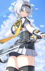 1girl absurdres anby_demara anby_demara_(silver_soldier) bike_shorts_under_skirt black_hairband black_thighhighs blue_sky braided_sidelocks cowboy_shot fingerless_gloves gloves hairband highres holding holding_sword holding_weapon kuromo_(kuromokurom) looking_at_viewer orange_eyes shorts shorts_under_skirt skirt_under_dress sky sword thighhighs weapon white_gloves white_hair zenless_zone_zero zettai_ryouiki