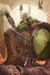 1boy 1girl 1other abs absurdres amputee animal_ear_fluff animal_ears armor armored_boots boku_no_hero_academia boots breastplate brown_boots brown_shorts commentary cosplay crossover dark-skinned_female dark_skin demon doom:_the_dark_ages doom_(series) doomguy doomguy_(cosplay) dragon english_commentary fang floating_hair foreshortening gun highres holding holding_gun holding_shield holding_weapon imp_(doom) lava lazy_ikeda long_eyelashes long_hair lying mirko muscular muscular_female navel open_mouth outdoors parted_bangs prosthesis prosthetic_ear prosthetic_leg rabbit_ears rabbit_girl red_eyes shield shorts shoulder_spikes smile spiked_boots spikes stepped_on stomach triple-barreled_shotgun turning_head weapon white_hair
