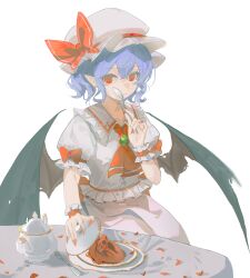 1girl absurdres ascot bat_wings blue_hair bow closed_mouth commentary_request fingernails fork frilled_shirt_collar frills frown hat hat_bow heart_(organ) highres holding holding_spoon li_meng_shan looking_at_viewer mob_cap petals plate pointy_ears puffy_short_sleeves puffy_sleeves red_ascot red_bow red_nails remilia_scarlet sharp_fingernails shirt short_hair short_sleeves simple_background skirt sleeve_bow solo spoon table teapot touhou upper_body white_background wings wrist_cuffs