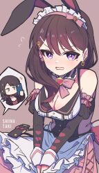 2girls absurdres animal_ears apron bang_dream! bang_dream!_it&#039;s_mygo!!!!! black_choker black_jacket blue_eyes blush bow bowtie breasts brooch brown_background brown_hair character_name chinese_commentary choker cleavage commentary_request detached_sleeves ear_piercing earrings fake_animal_ears frilled_apron frills heart heart_brooch highres jacket jewelry large_breasts linked_piercing long_hair maid_headdress mole mole_under_eye multiple_girls official_alternate_costume open_clothes open_jacket open_mouth piercing pink_bow pink_bowtie purple_eyes rabbit_ears red_shirt shiina_taki shirt simple_background taking_picture waist_apron white_apron yahata_umiri zhong_xiansheng