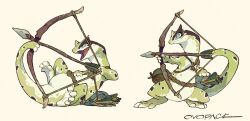animal animal_focus arrow_(projectile) artist_name belt blue_eyes bow_(weapon) clothed_animal drawing_bow from_side full_body gecko highres holding holding_bow_(weapon) holding_weapon holding_with_tail multiple_views murayama_ryota no_humans open_mouth original prehensile_tail quiver signature simple_background slit_pupils smile standing tail weapon yellow_background