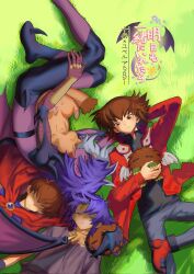 Rule 34 | angel wings, brown eyes, brown hair, cape, closed eyes, collared jacket, colored skin, demon girl, demon horns, demon wings, dual persona, duel academy uniform (yu-gi-oh! gx), duel monster, gem, green eyes, highres, horns, jacket, jewelry, necklace, on grass, pink skin, purple hair, red cape, red jacket, red shoes, shoes, smile, supreme king (yu-gi-oh! gx), tawashipurin, third eye, white hair, winged kuriboh, wings, yu-gi-oh!, yu-gi-oh! gx, yubel, yuki judai