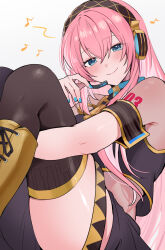 Rule 34 | 1girl, armband, black shirt, black skirt, black thighhighs, blue eyes, blue nails, boots, commentary, detached sleeves, enipa 28, gold boots, gold trim, hairband, headphones, headset, highres, jewelry, knee boots, lace-up boots, long hair, looking at viewer, megurine luka, midriff, musical note, nail polish, number tattoo, pink hair, see-through clothes, shirt, short sleeves, simple background, skirt, smile, solo, solo focus, tattoo, thighhighs, thighs, very long hair, vocaloid, white background