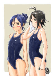 2girls antenna_hair arm_up bare_arms black_hair blue_hair blue_one-piece_swimsuit blush border breasts brown_background brown_eyes closed_mouth commentary_request covered_navel cowboy_shot hair_bun highres holding holding_towel idolmaster idolmaster_(classic) kikuchi_makoto kisaragi_chihaya looking_at_another multiple_girls new_school_swimsuit one-piece_swimsuit ooeyama_ken outside_border school_swimsuit short_hair single_hair_bun small_breasts smile standing sweatdrop swimsuit towel white_border