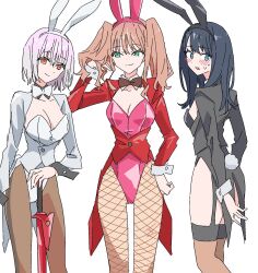 3girls animal_ear_hairband animal_ears black_hair black_leotard blue_eyes blush bow bowtie breasts brown_hair detached_collar fake_animal_ears fake_tail green_eyes grey_jacket gridman_universe gridman_universe_(movie) hairband highres himagosan holding holding_sword holding_weapon jacket large_breasts leotard long_hair long_sleeves looking_at_viewer minami_yume multiple_girls open_mouth pantyhose pink_leotard playboy_bunny purple_hair rabbit_ear_hairband rabbit_ears rabbit_tail red_eyes red_jacket shinjou_akane short_hair silver_leotard simple_background smile sword tail takarada_rikka thighs weapon white_background white_wrist_cuffs wrist_cuffs
