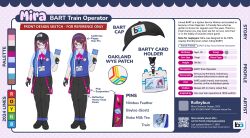 1girl artist_name baseball_cap bay_area_rapid_transit black_gloves black_hat black_pants black_shoes blue_hairband blue_shirt blue_vest brown_eyes character_name collared_shirt color_guide dated english_text full_body glasses gloves hairband hat height highres holding holding_map id_card julie_(rolleybun) lanyard long_hair map mira_(bart) multiple_views necktie pants pink_necktie qr_code red_hair reference_sheet semi-rimless_eyewear shirt shoes short_sleeves under-rim_eyewear vest